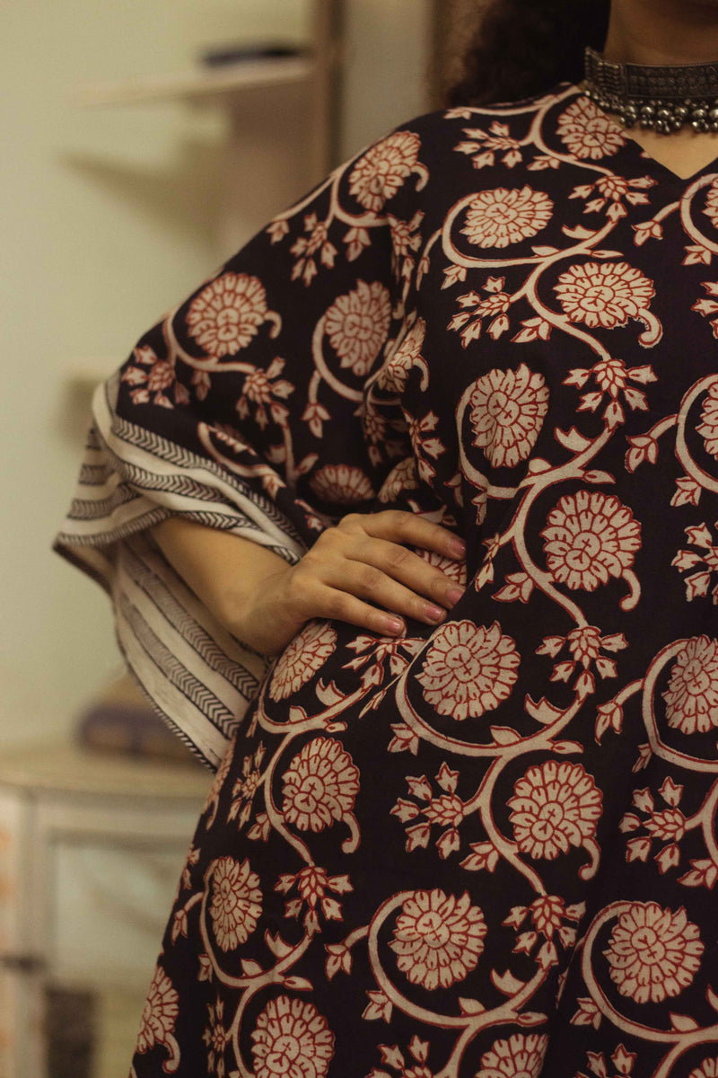 Cotton Bagh Block-Printed Kaftan Dress · Phulwaari Black-2