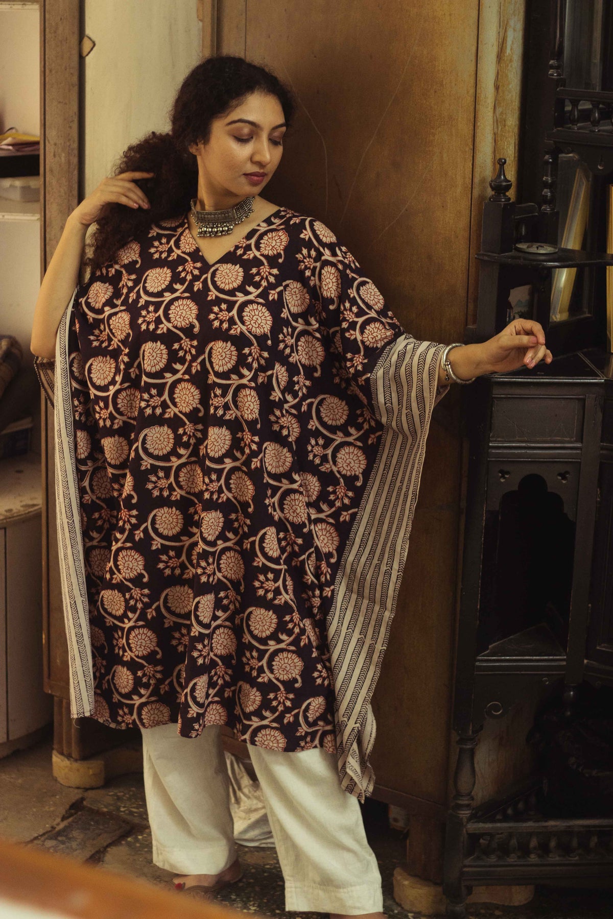 Cotton Bagh Block-Printed Kaftan Dress · Phulwaari Black-1
