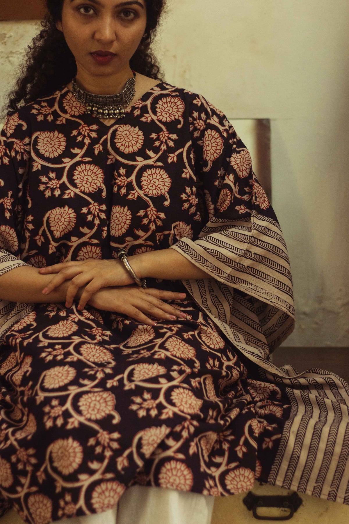 Cotton Bagh Block-Printed Kaftan Dress · Phulwaari Black-4