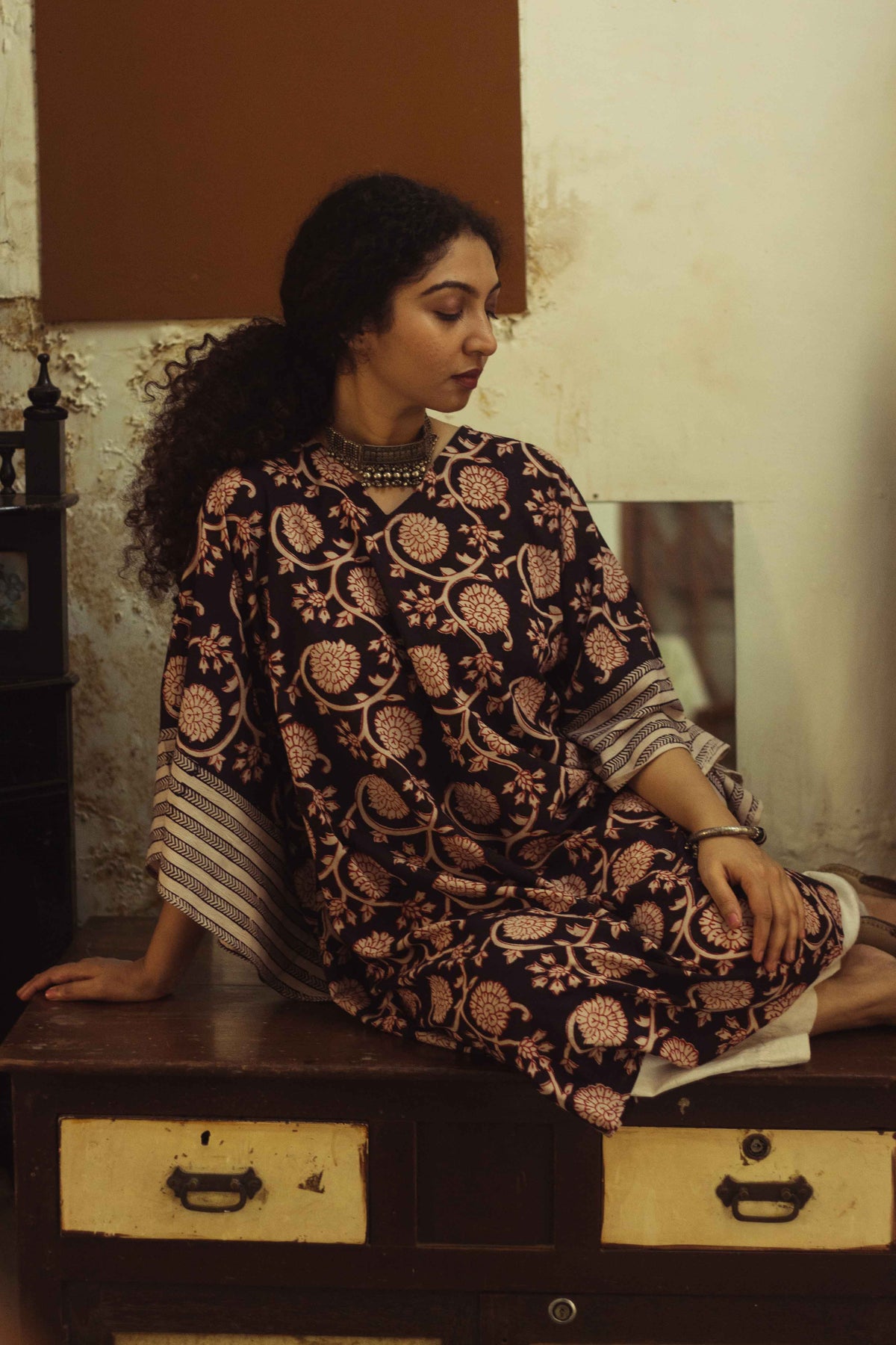 Cotton Bagh Block-Printed Kaftan Dress · Phulwaari Black-5