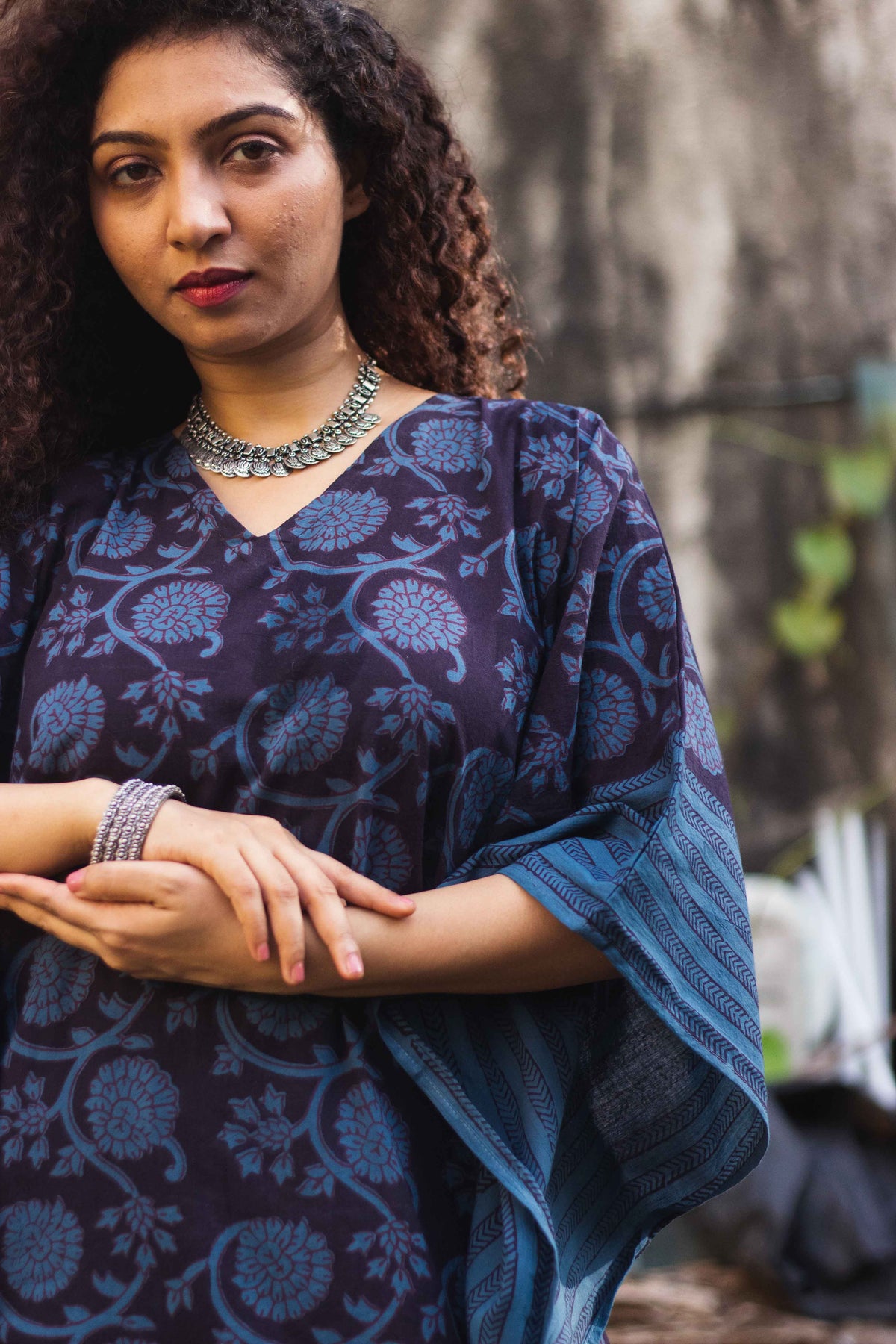 Cotton Bagh Block-Printed Kaftan Dress · Phulwaari Blue-4