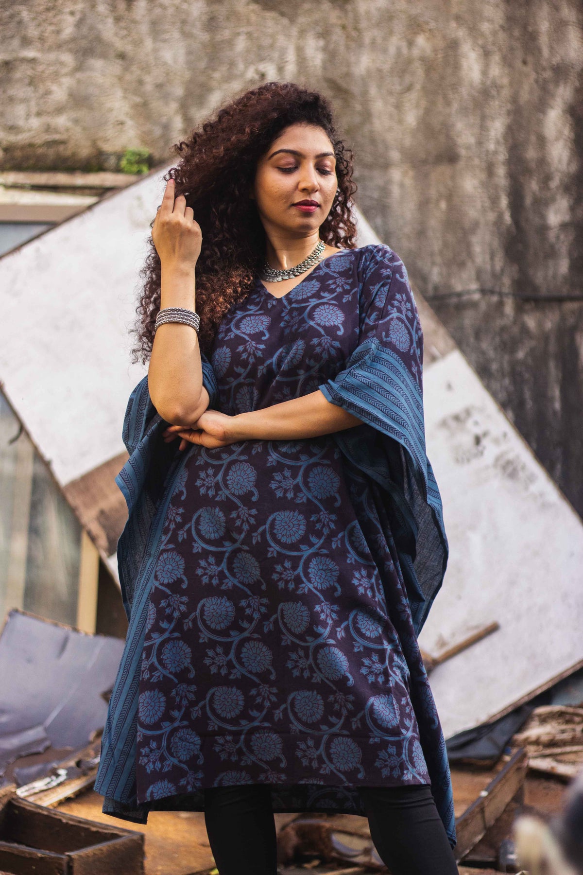 Cotton Bagh Block-Printed Kaftan Dress · Phulwaari Blue-1