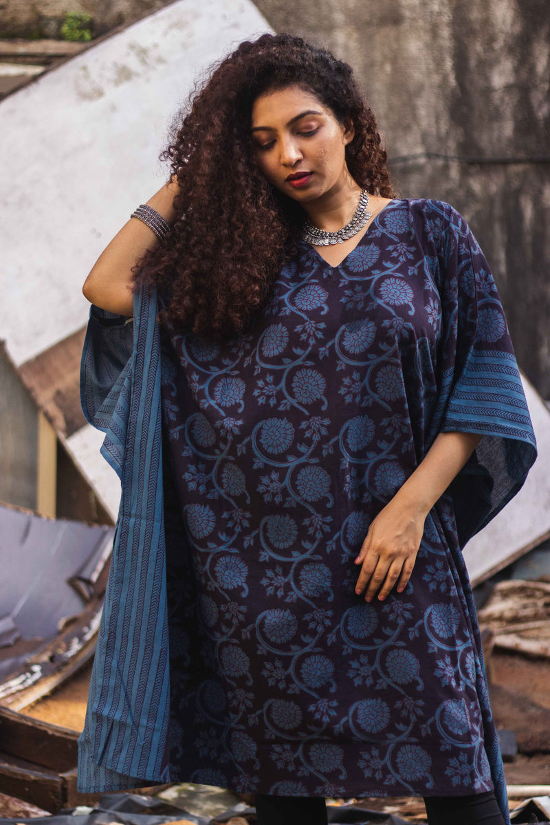 Cotton Bagh Block-Printed Kaftan Dress · Phulwaari Blue-5