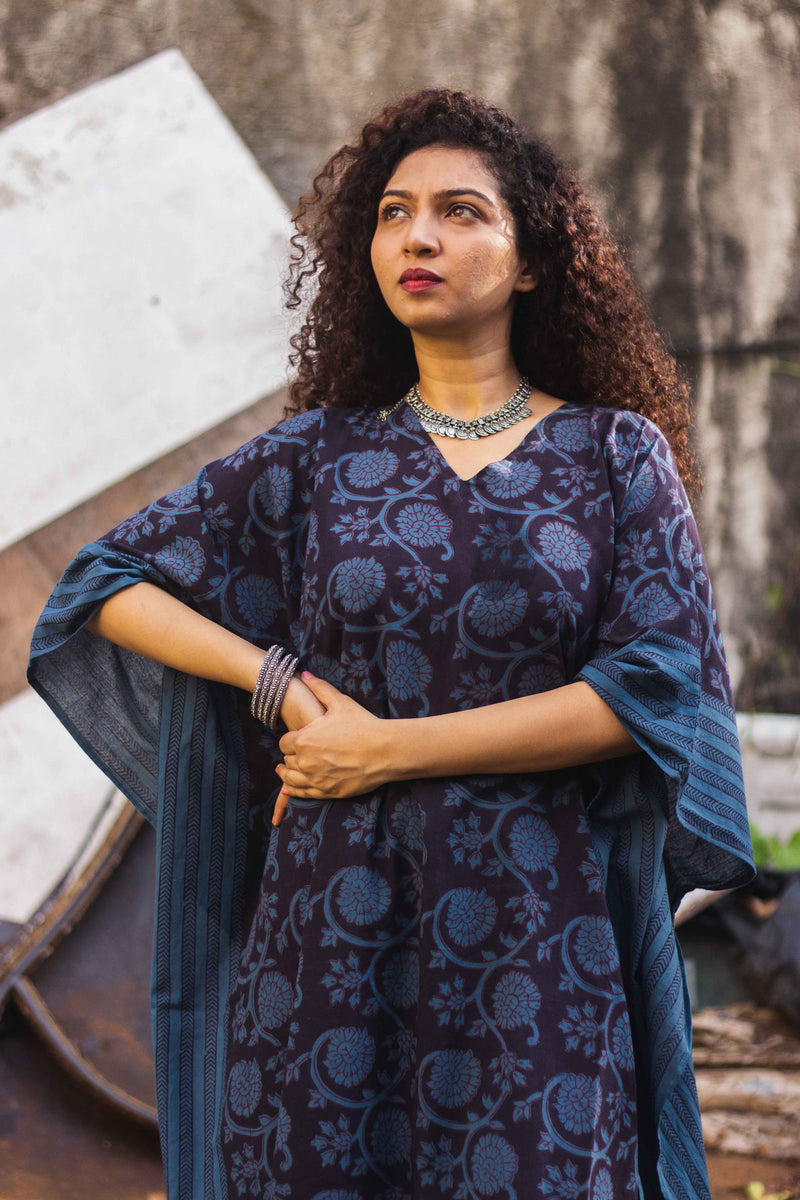 Cotton Bagh Block-Printed Kaftan Dress · Phulwaari Blue-6
