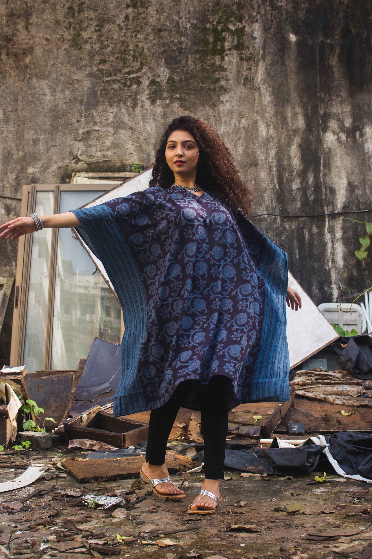Cotton Bagh Block-Printed Kaftan Dress · Phulwaari Blue-3