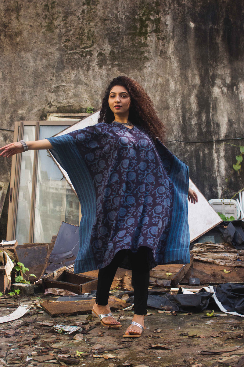 Cotton Bagh Block-Printed Kaftan Dress · Phulwaari Blue-3