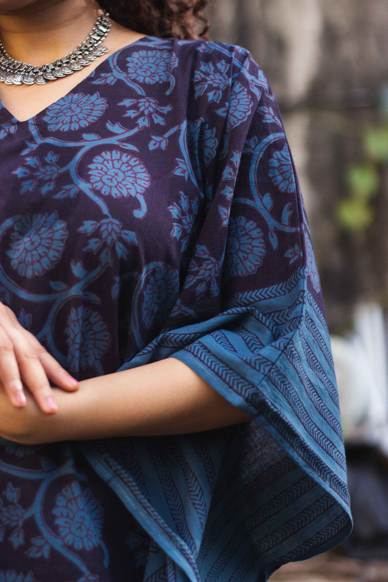 Cotton Bagh Block-Printed Kaftan Dress · Phulwaari Blue-2