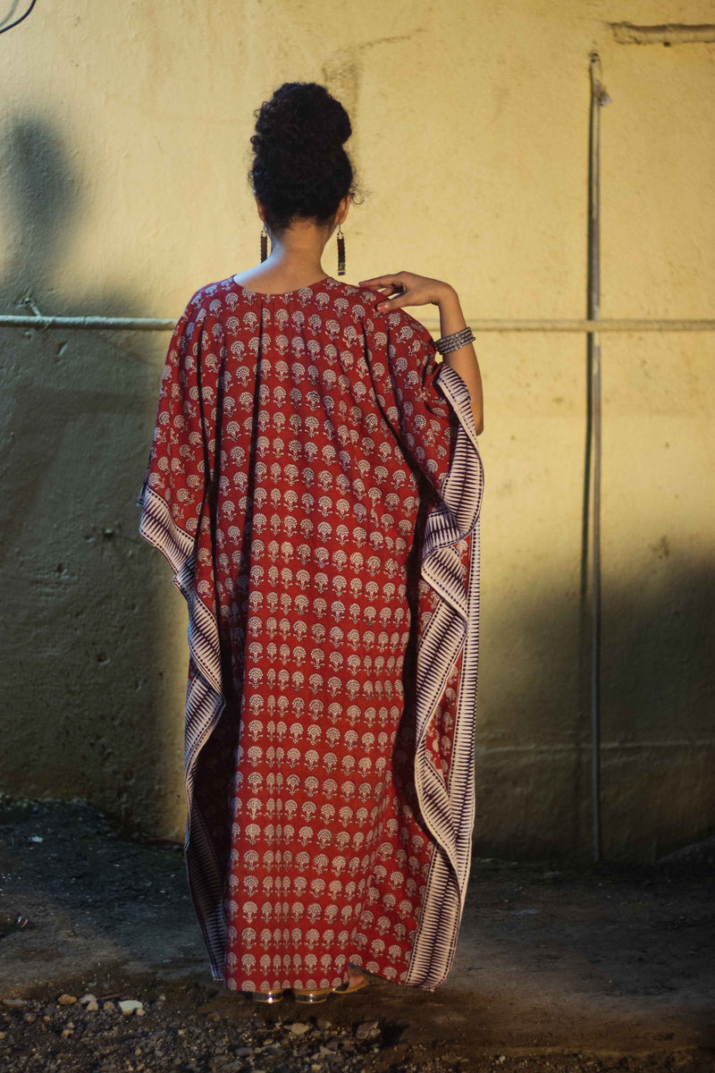 Cotton Bagh Block-Printed Long Maxi Kaftan · Palash Red-6