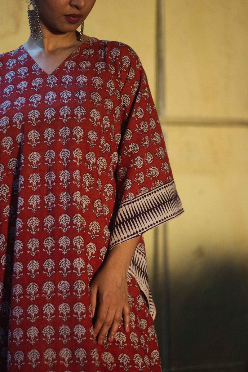 Cotton Bagh Block-Printed Long Maxi Kaftan · Palash Red-2