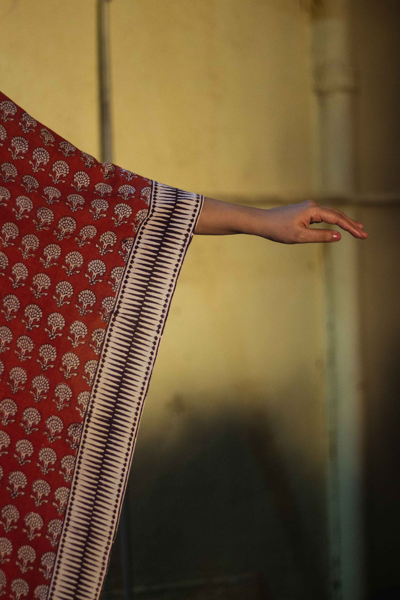 Cotton Bagh Block-Printed Long Maxi Kaftan · Palash Red-3