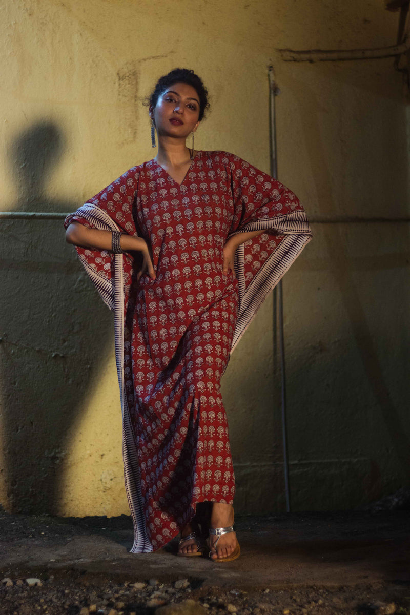 Cotton Bagh Block-Printed Long Maxi Kaftan · Palash Red-4