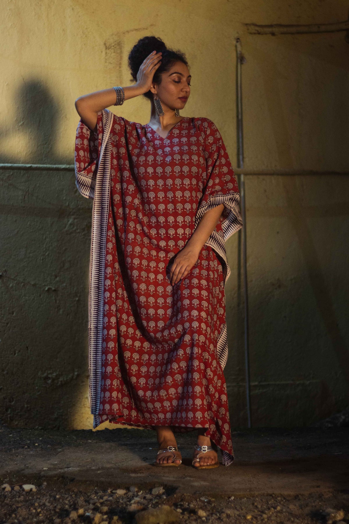 Cotton Bagh Block-Printed Long Maxi Kaftan · Palash Red-5