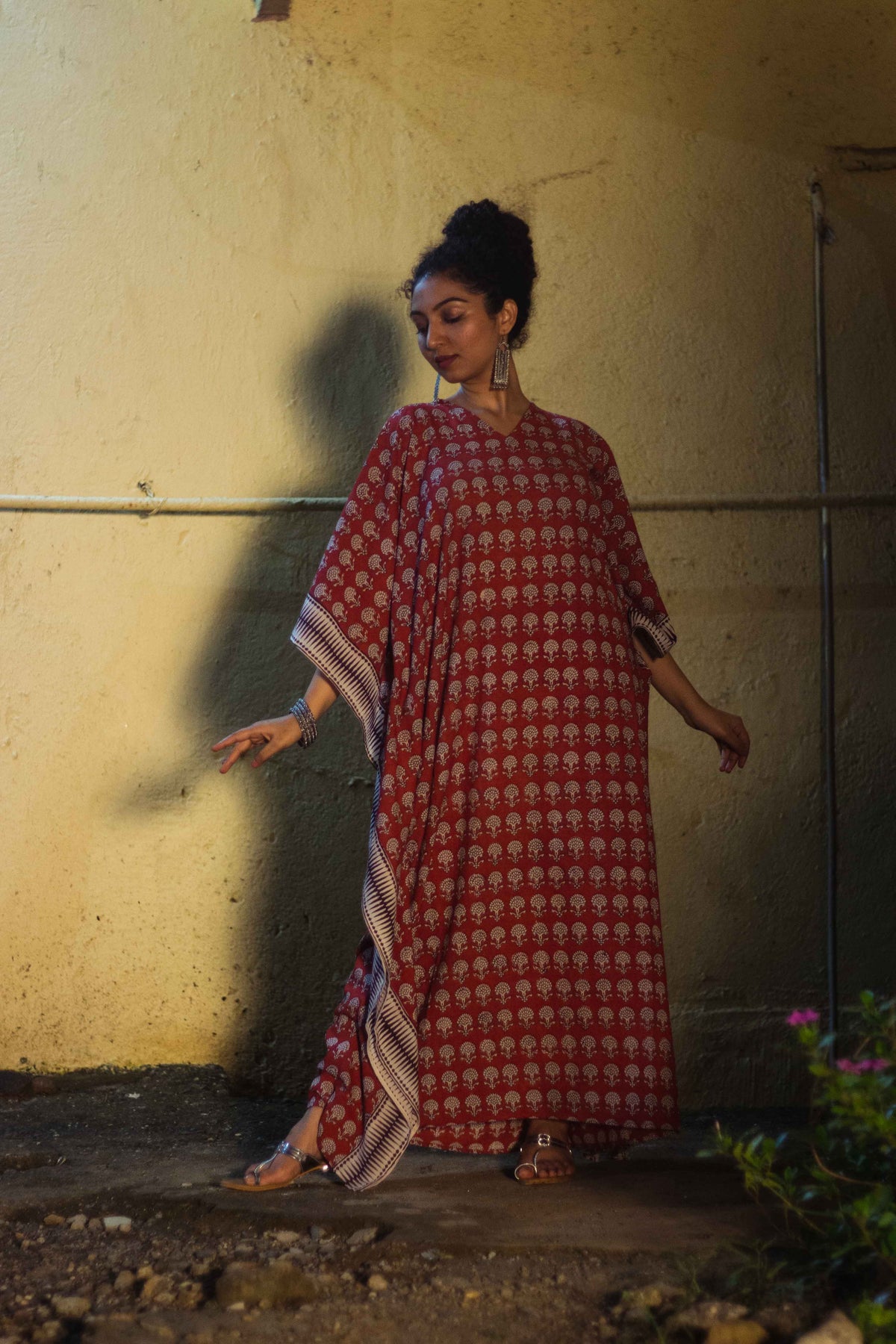 Cotton Bagh Block-Printed Long Maxi Kaftan · Palash Red-1