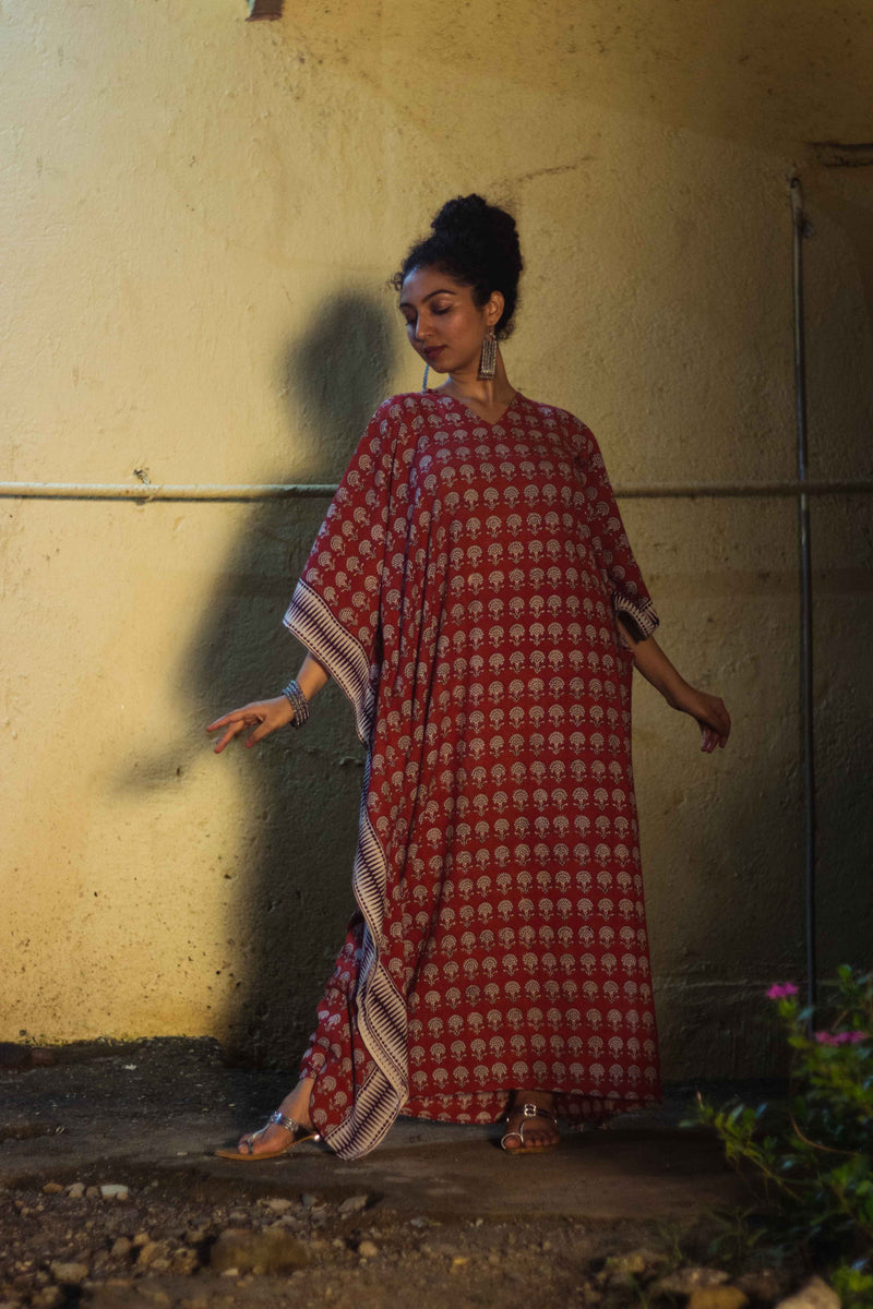 Cotton Bagh Block-Printed Long Maxi Kaftan · Palash Red-1