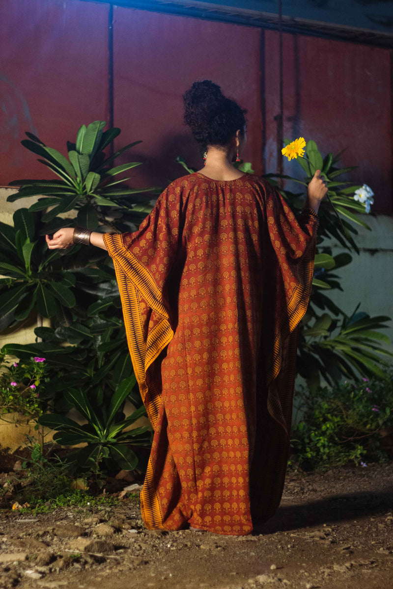 Cotton Bagh Block-Printed Long Maxi Kaftan · Palash Mustard-3