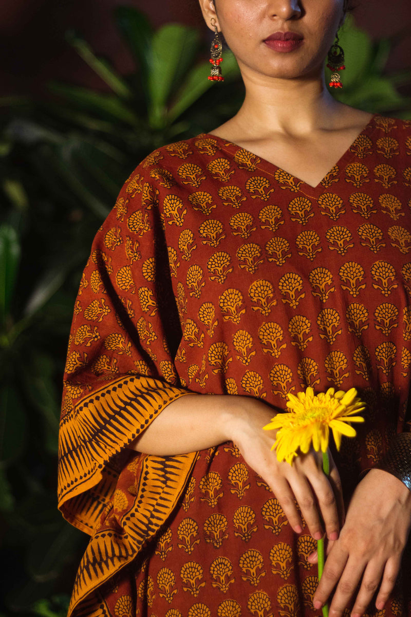 Cotton Bagh Block-Printed Long Maxi Kaftan · Palash Mustard-2