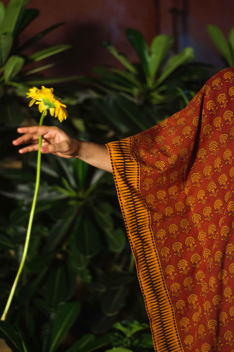 Cotton Bagh Block-Printed Long Maxi Kaftan · Palash Mustard-4