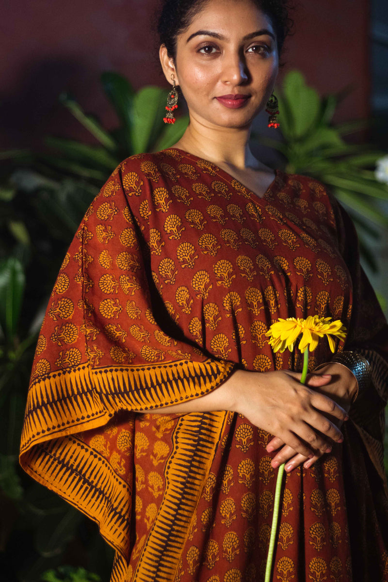 Cotton Bagh Block-Printed Long Maxi Kaftan · Palash Mustard-5