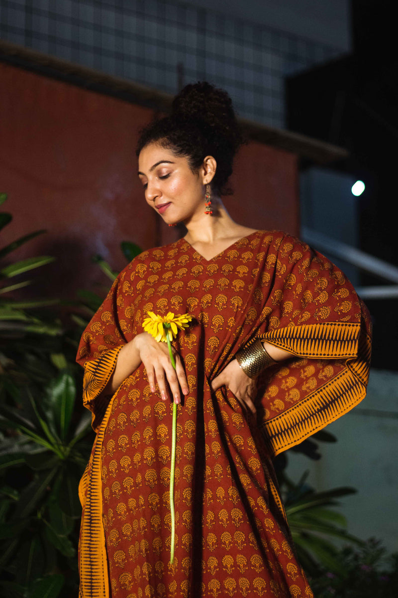 Cotton Bagh Block-Printed Long Maxi Kaftan · Palash Mustard-6