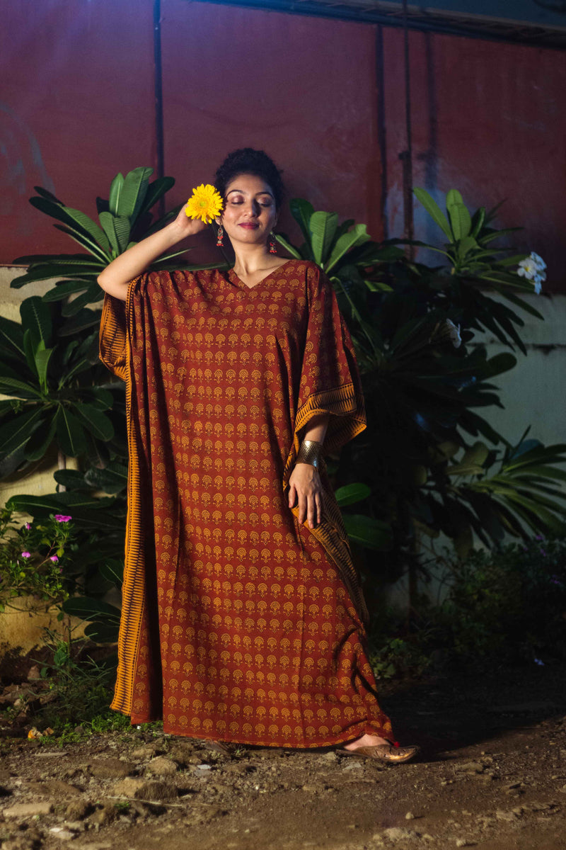 Cotton Bagh Block-Printed Long Maxi Kaftan · Palash Mustard-1