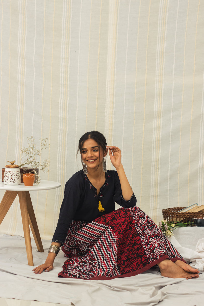 Cotton Batik Block Printed Tunic Dress • Multi Panelled Maroon-2