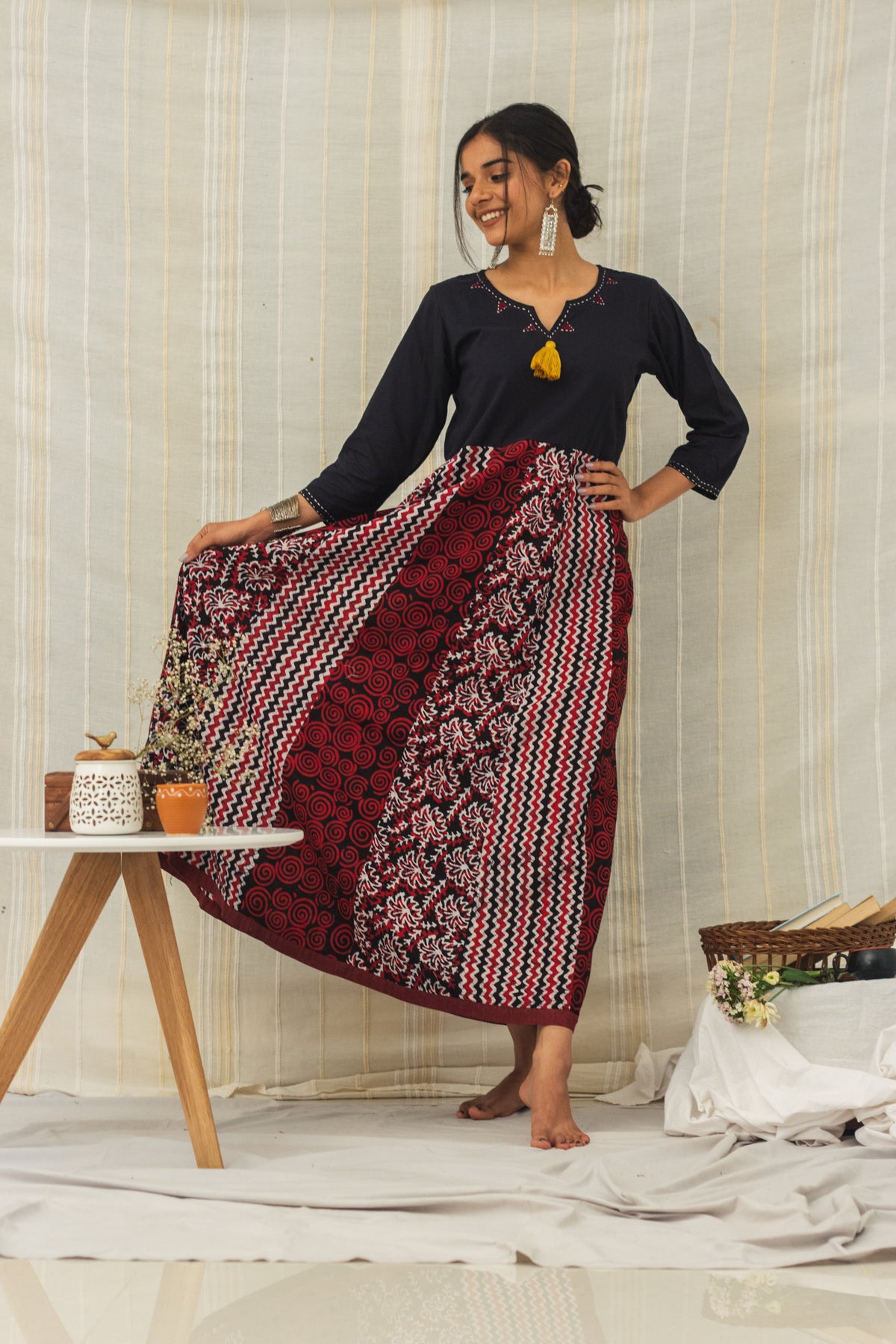 Cotton Batik Block Printed Tunic Dress • Multi Panelled Maroon-4