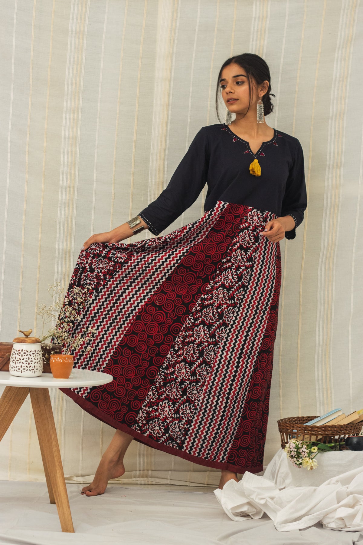 Cotton Batik Block Printed Tunic Dress • Multi Panelled Maroon-1