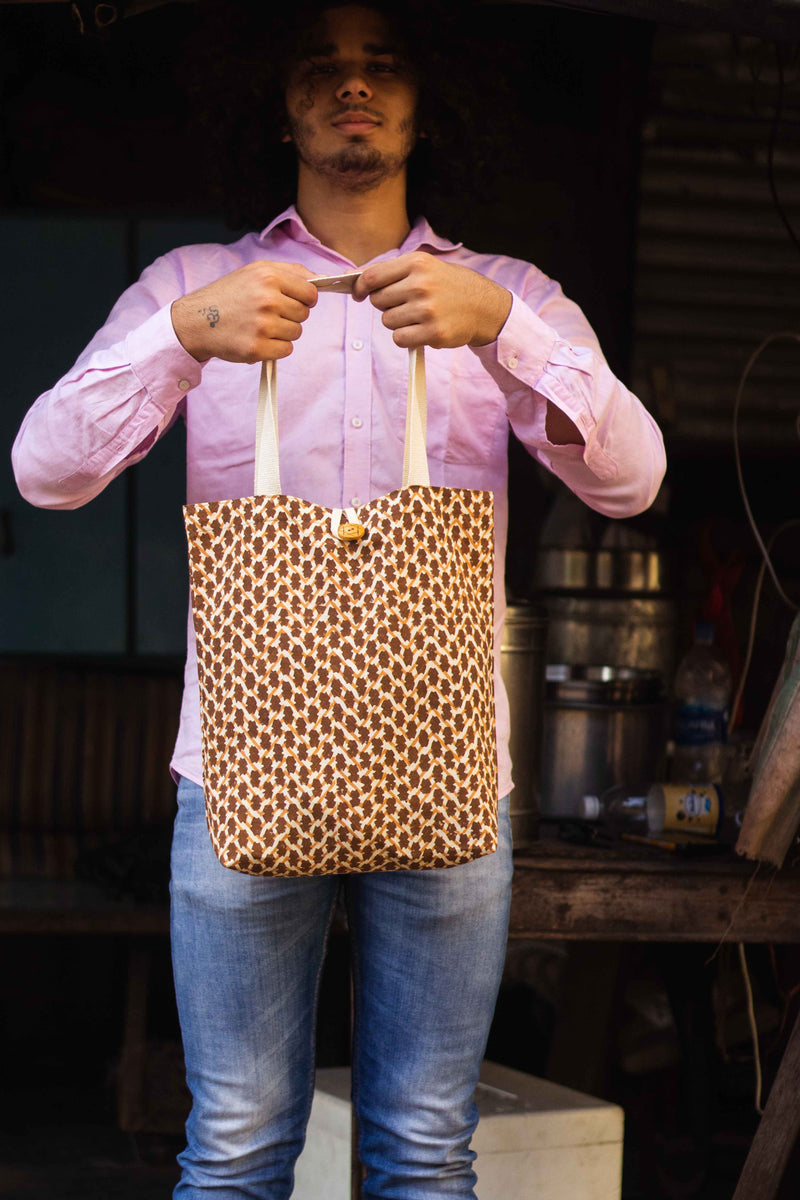 Cotton Shopping Tote Bag · Chevron Beige-1