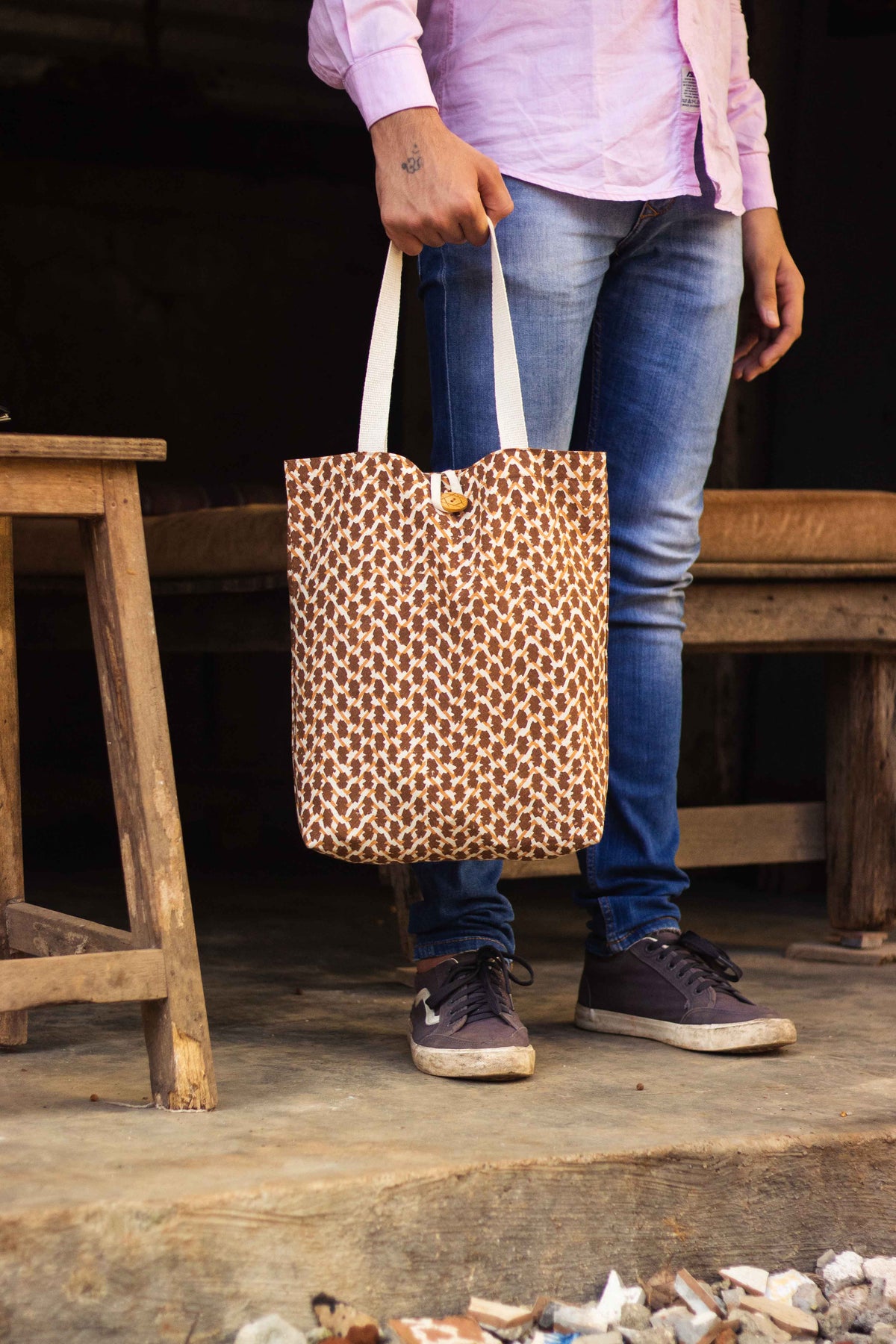 Cotton Shopping Tote Bag · Chevron Beige-3