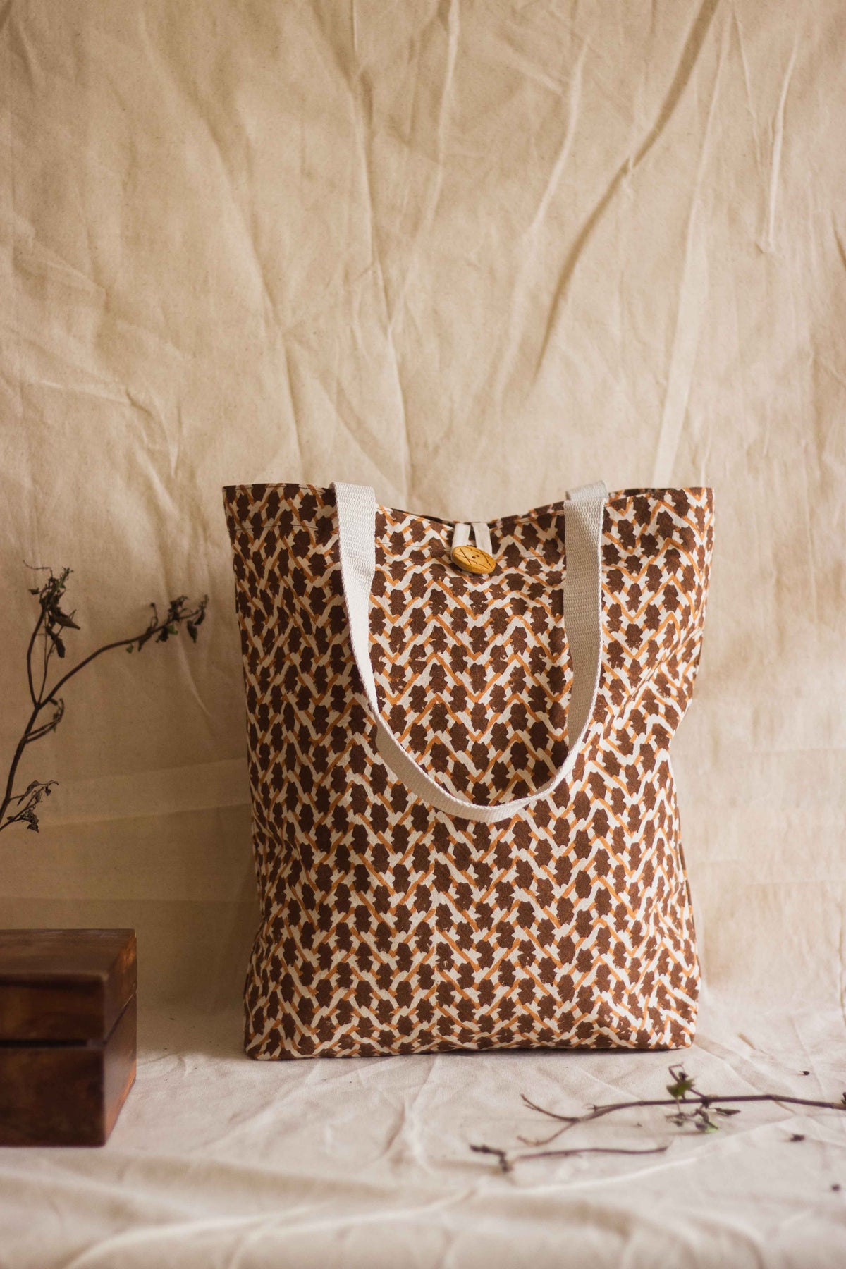 Cotton Shopping Tote Bag · Chevron Beige-6