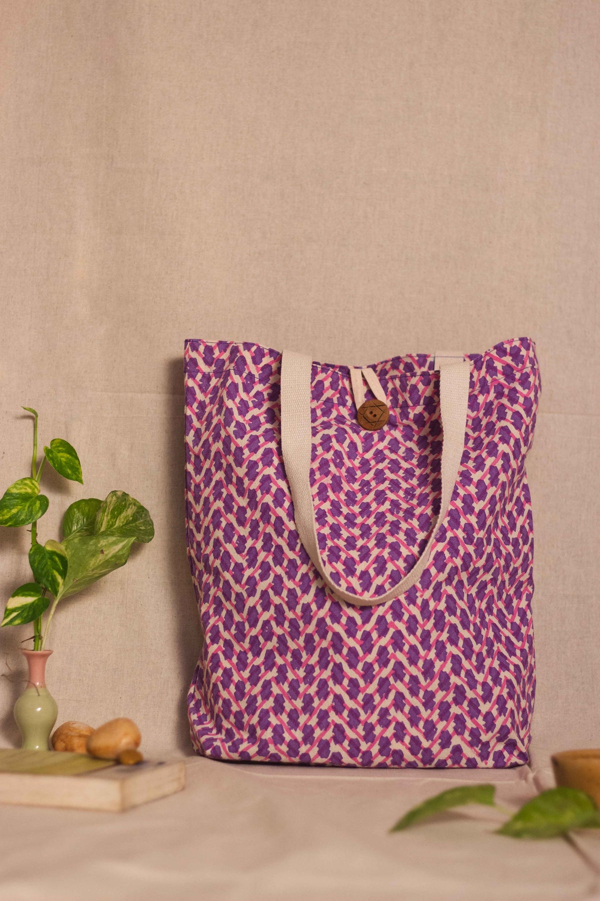 Cotton Shopping Tote Bag · Chevron Pink-4
