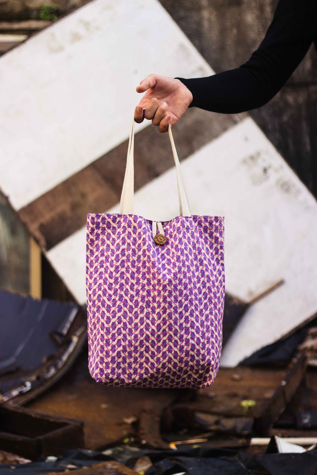 Cotton Shopping Tote Bag · Chevron Pink-1