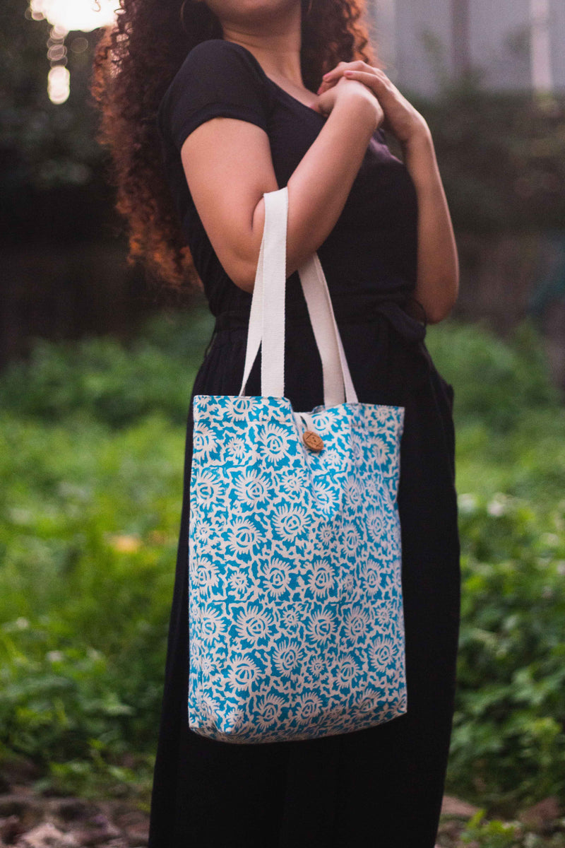 Cotton Shopping Tote Bag · Floral Fun Blue-5