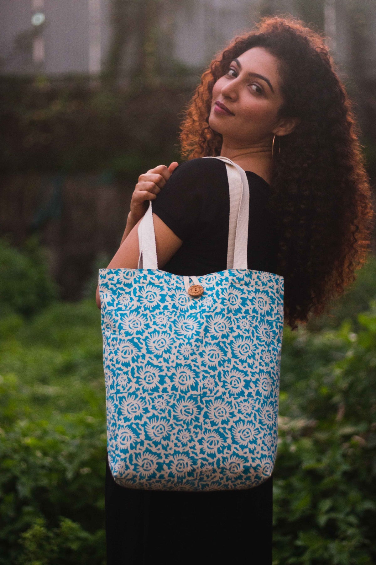 Cotton Shopping Tote Bag · Floral Fun Blue-1
