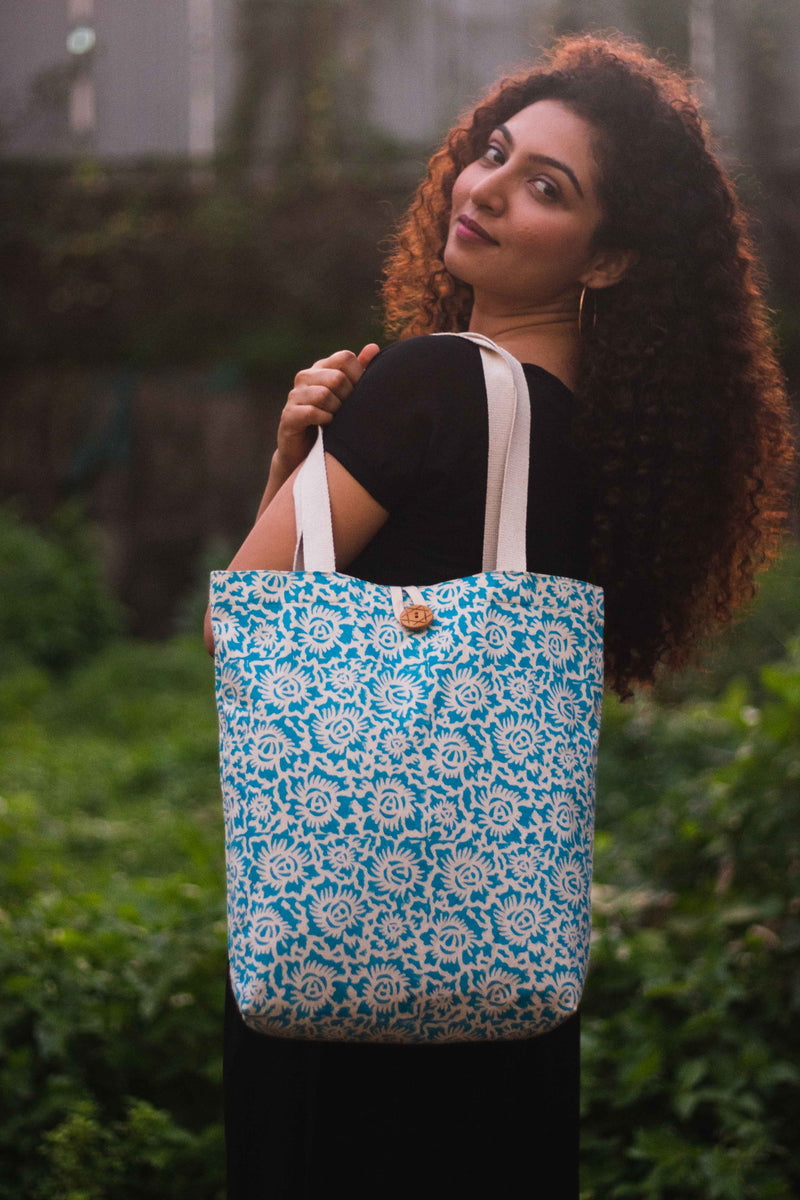 Cotton Shopping Tote Bag · Floral Fun Blue-1
