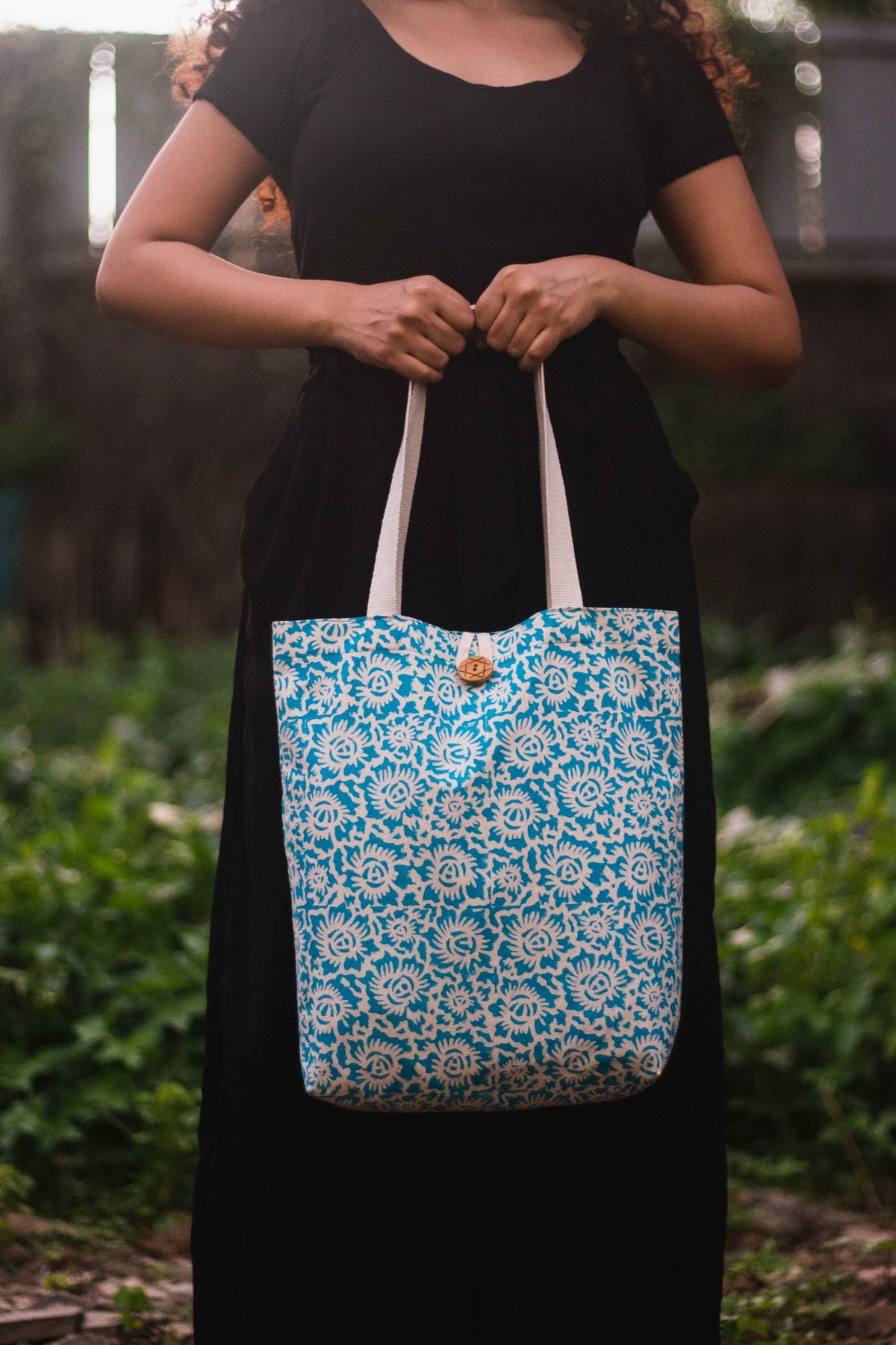 Cotton Shopping Tote Bag · Floral Fun Blue-2