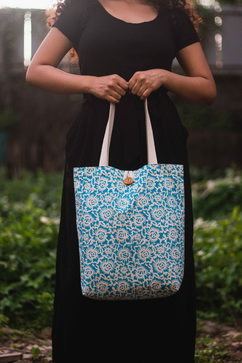 Cotton Shopping Tote Bag · Floral Fun Blue-2