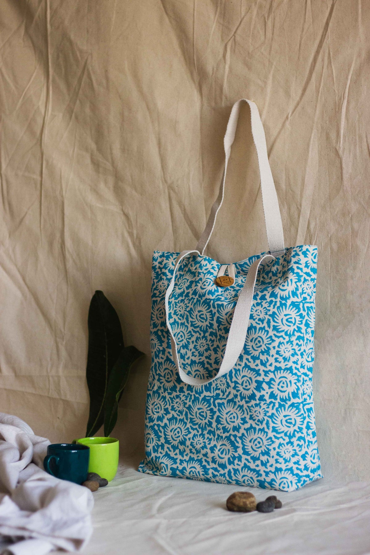 Cotton Shopping Tote Bag · Floral Fun Blue-3