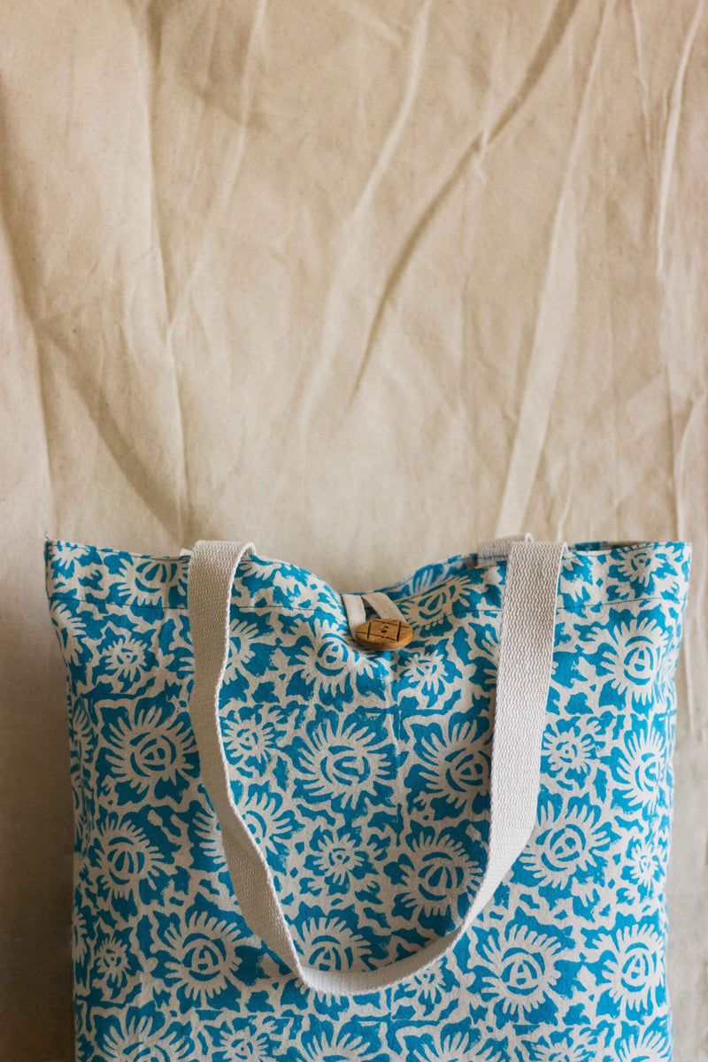Cotton Shopping Tote Bag · Floral Fun Blue-4