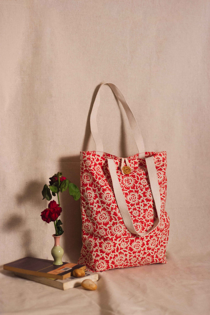 Cotton Shopping Tote Bag · Floral Fun Red-6