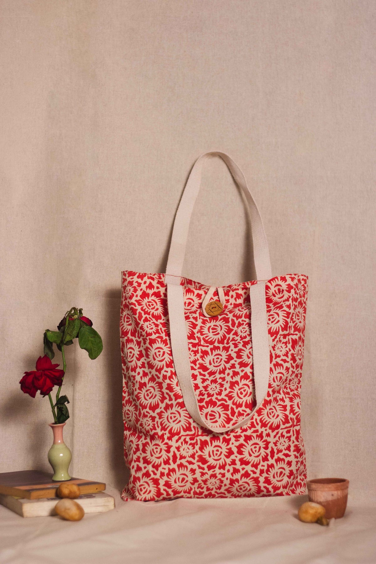 Cotton Shopping Tote Bag · Floral Fun Red-2