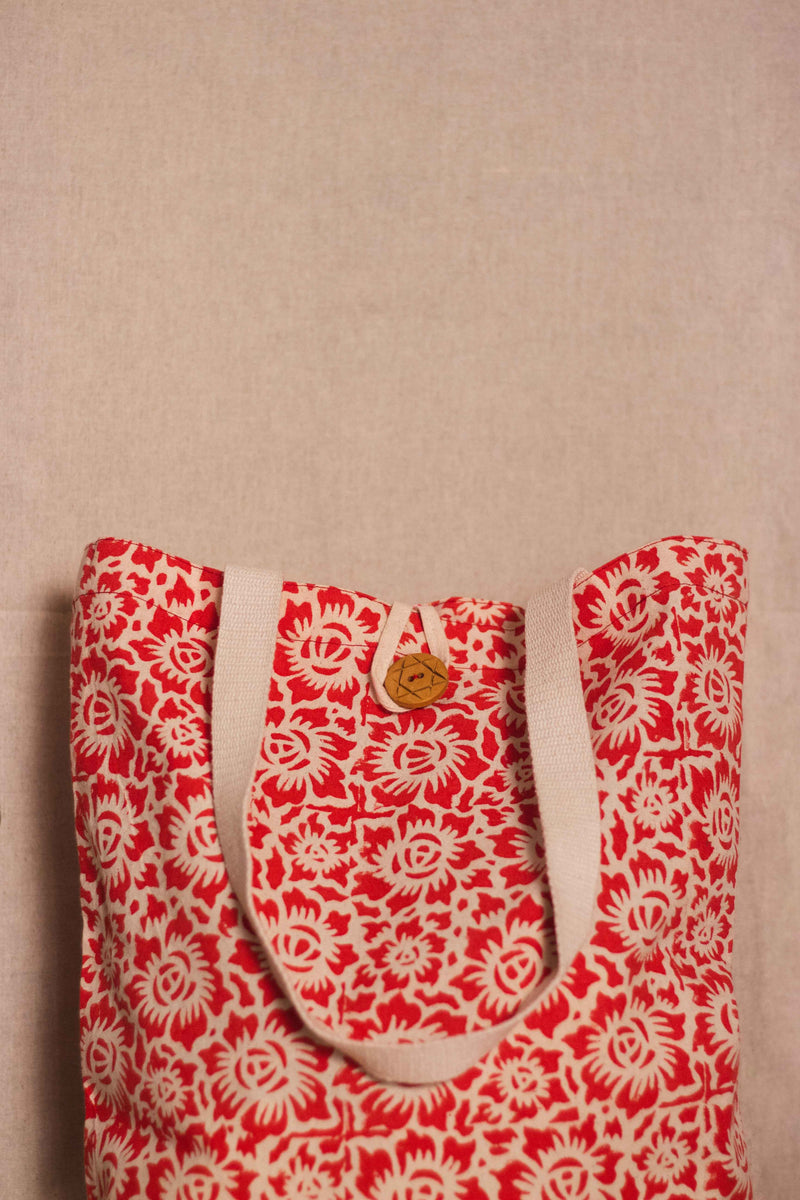 Cotton Shopping Tote Bag · Floral Fun Red-3