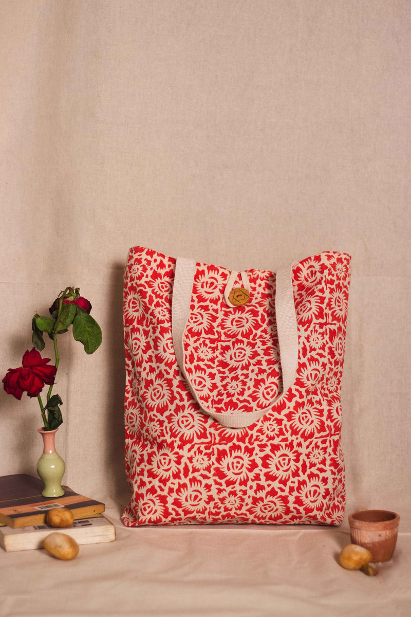 Cotton Shopping Tote Bag · Floral Fun Red-4