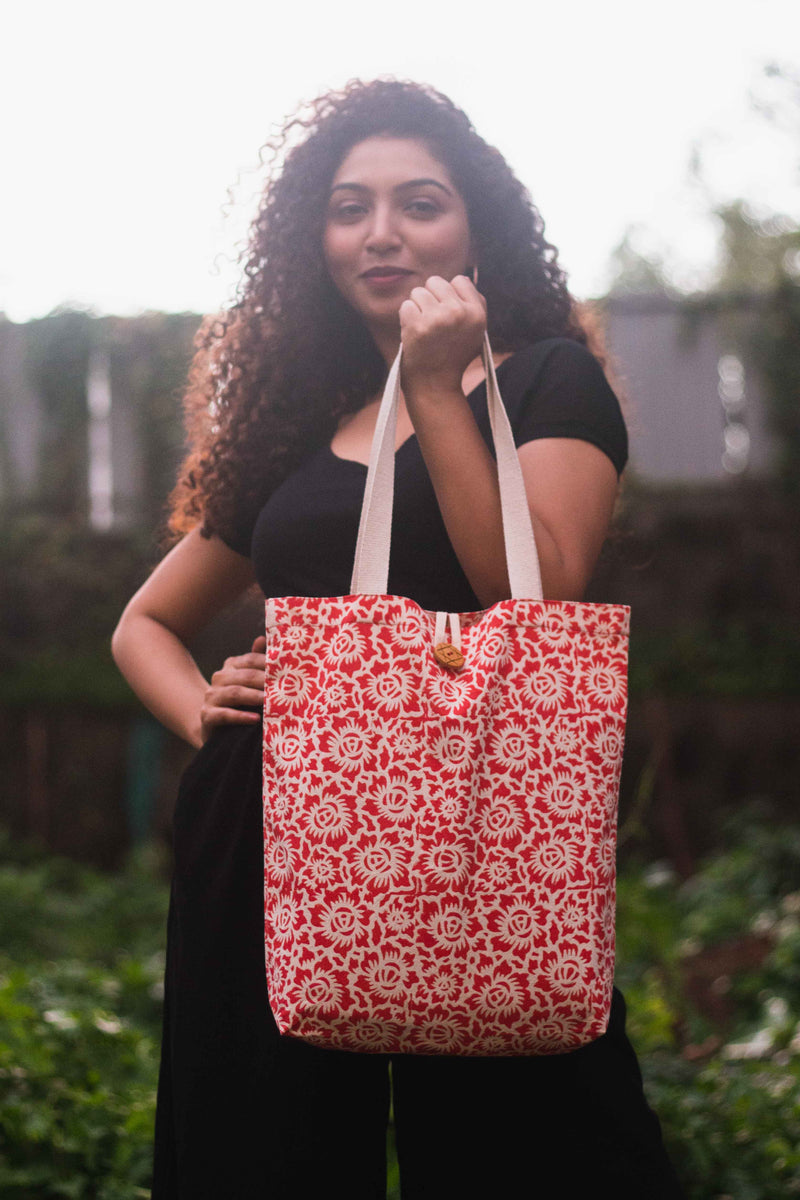Cotton Shopping Tote Bag · Floral Fun Red-1