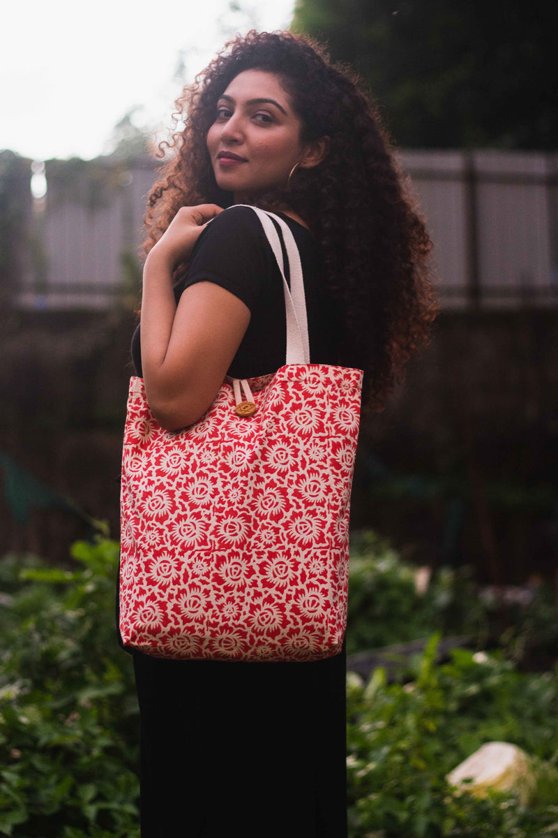 Cotton Shopping Tote Bag · Floral Fun Red-5
