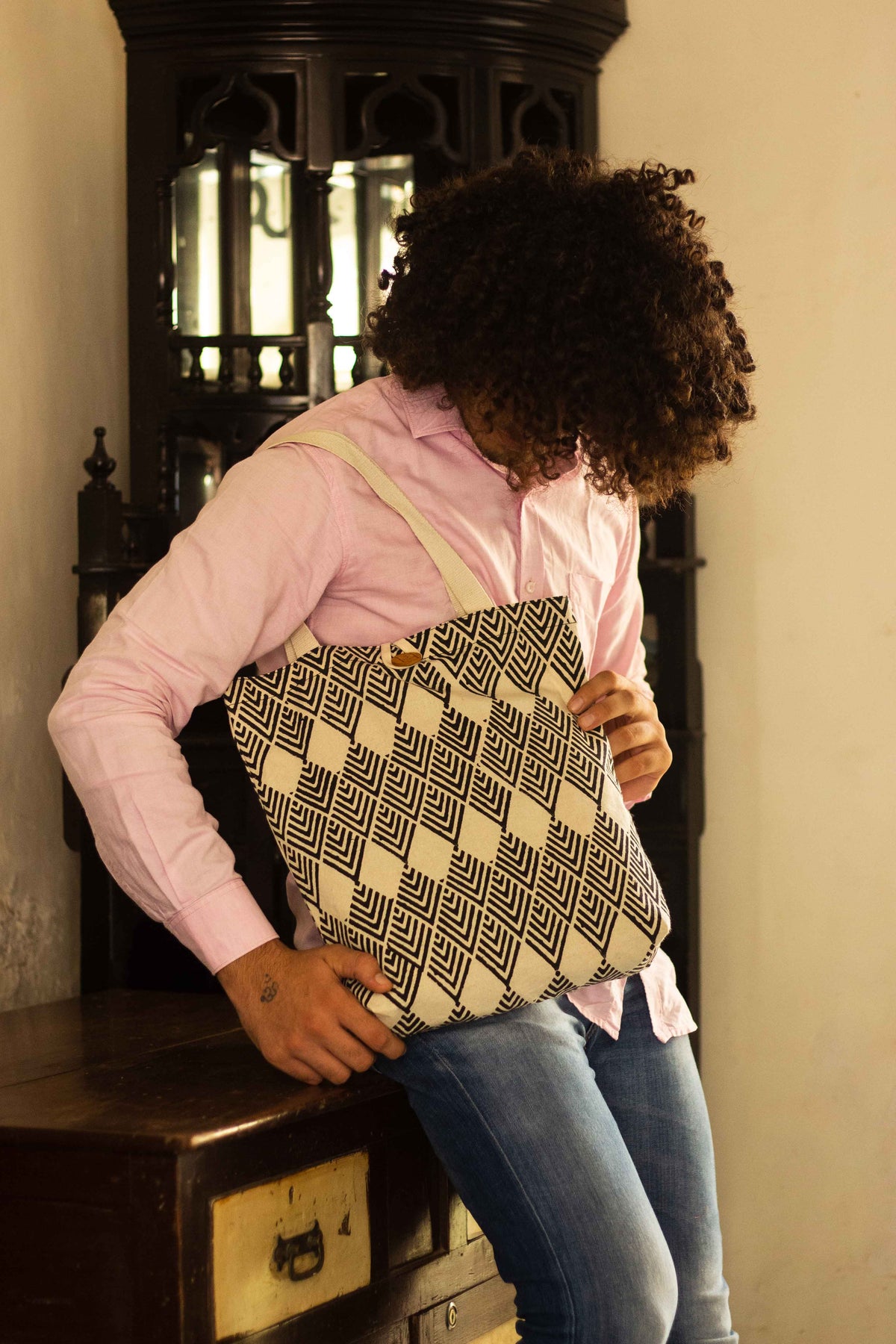Cotton Shopping Tote Bag · Geometric Black-10