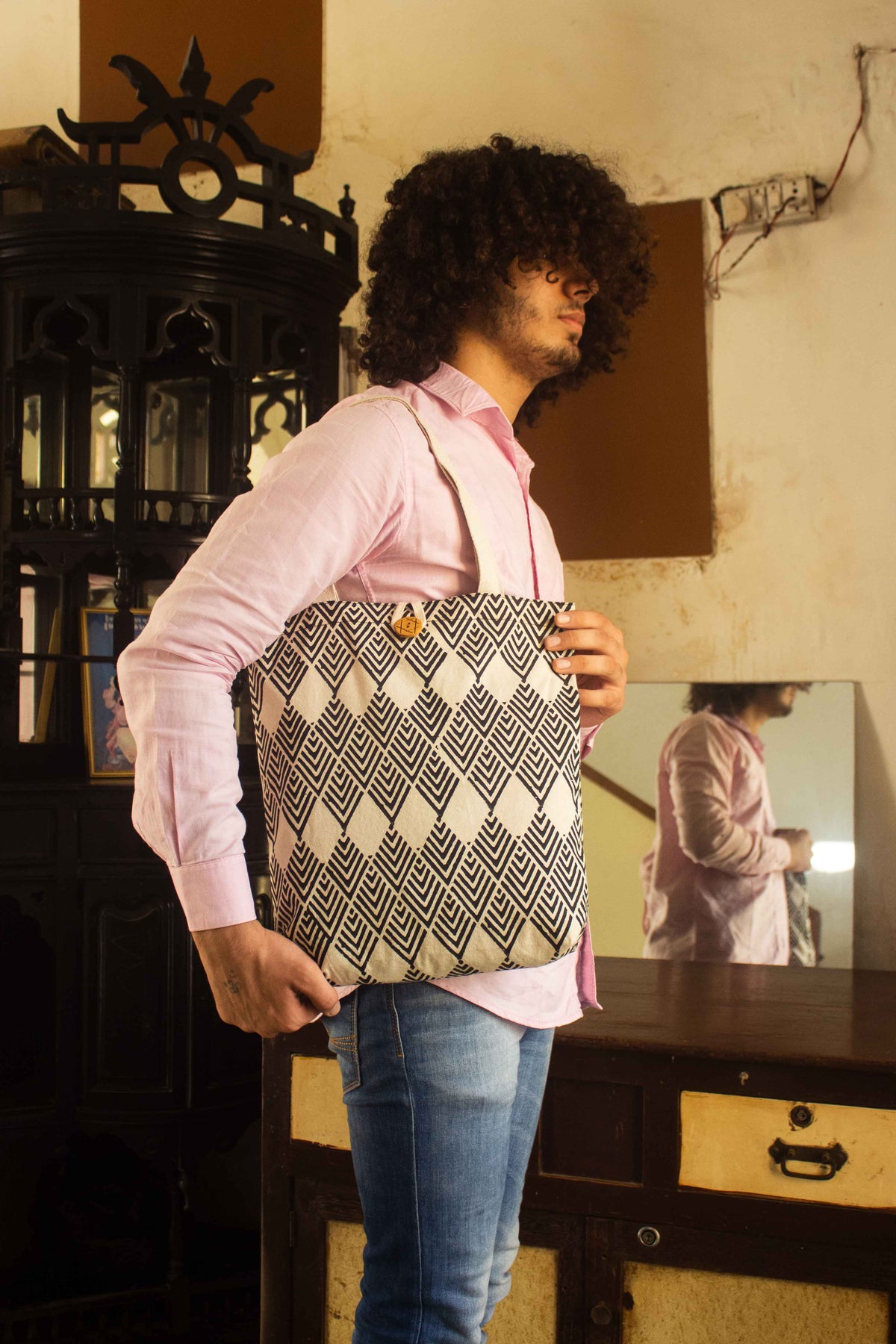 Cotton Shopping Tote Bag · Geometric Black