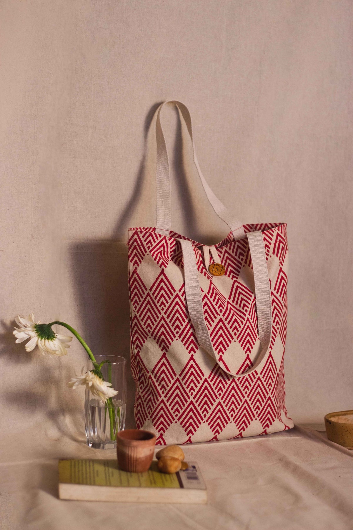 Cotton Shopping Tote Bag · Geometric Red-5