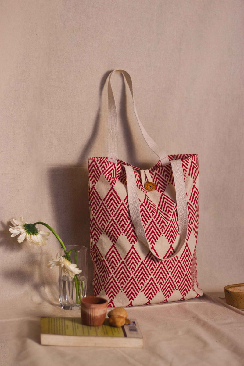 Cotton Shopping Tote Bag · Geometric Red-5