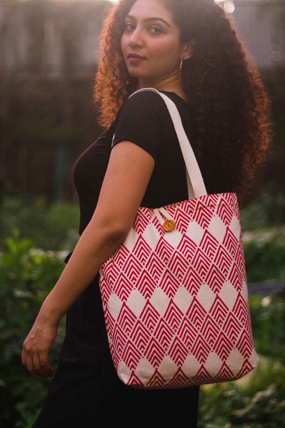 Cotton Shopping Tote Bag · Geometric Red-4